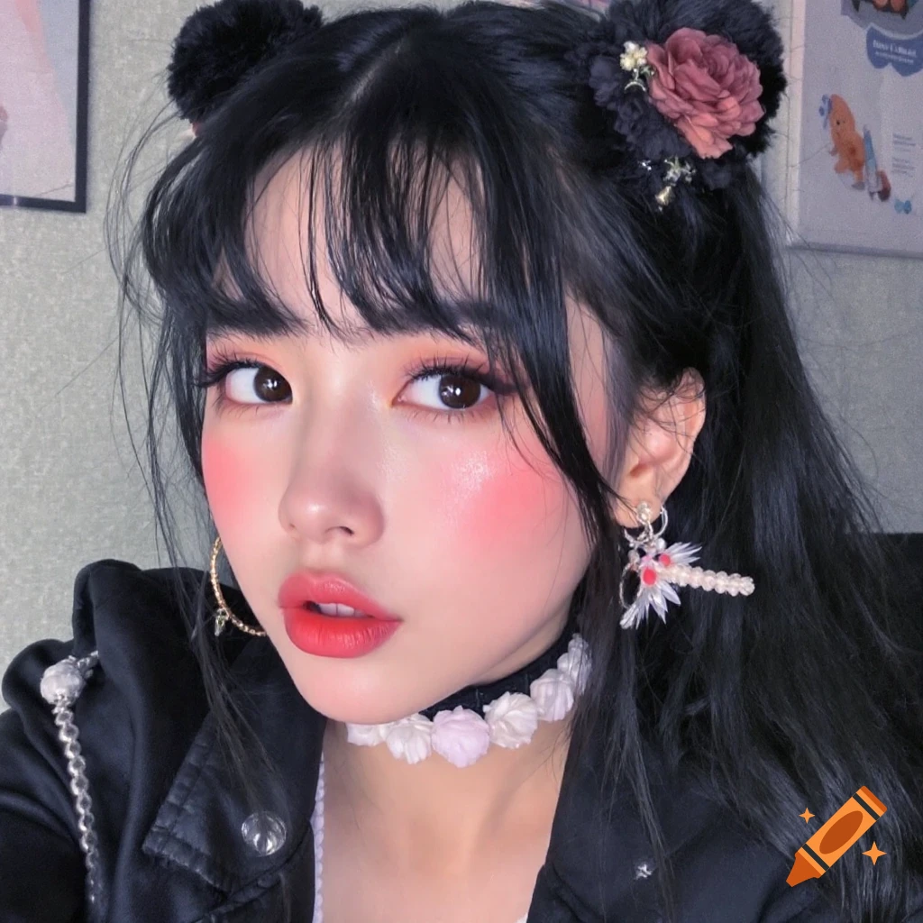 Close-up portrait of a person with dark hair buns, bright pink blush, floral choker, and earrings.