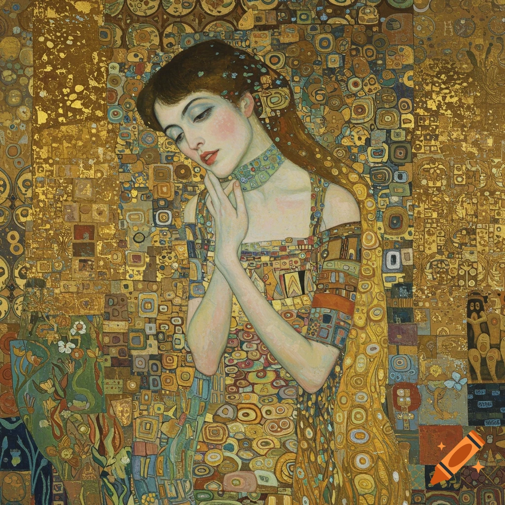 A woman in a Klimt-style painting with a decorative dress and gold background.