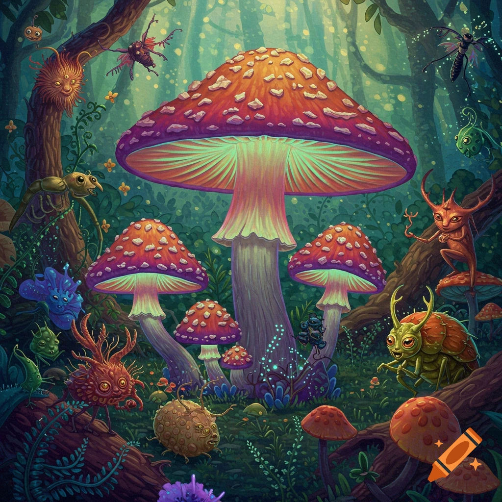 Fantasy illustration of large colorful mushrooms and magical creatures in a forest.
