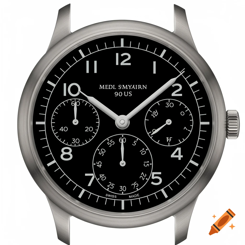 Close-up of a classic black watch face with multiple subdials and a stainless steel case.