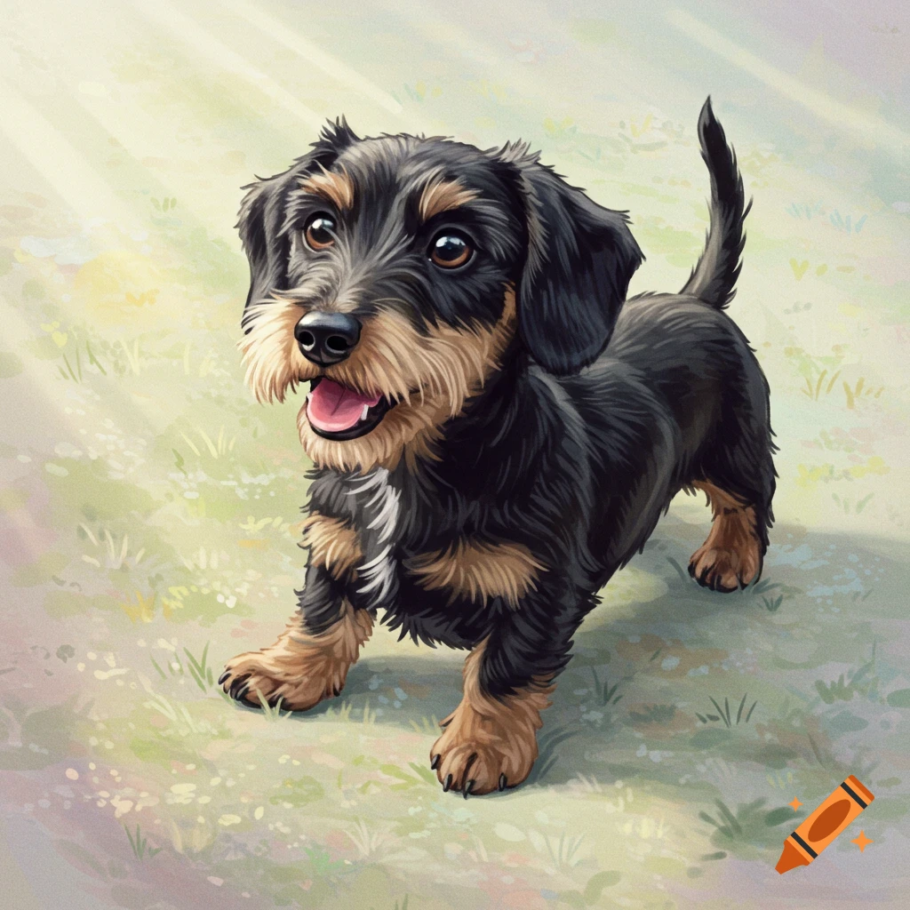 A wire-haired dachshund puppy stands in a grassy field in a painterly style.