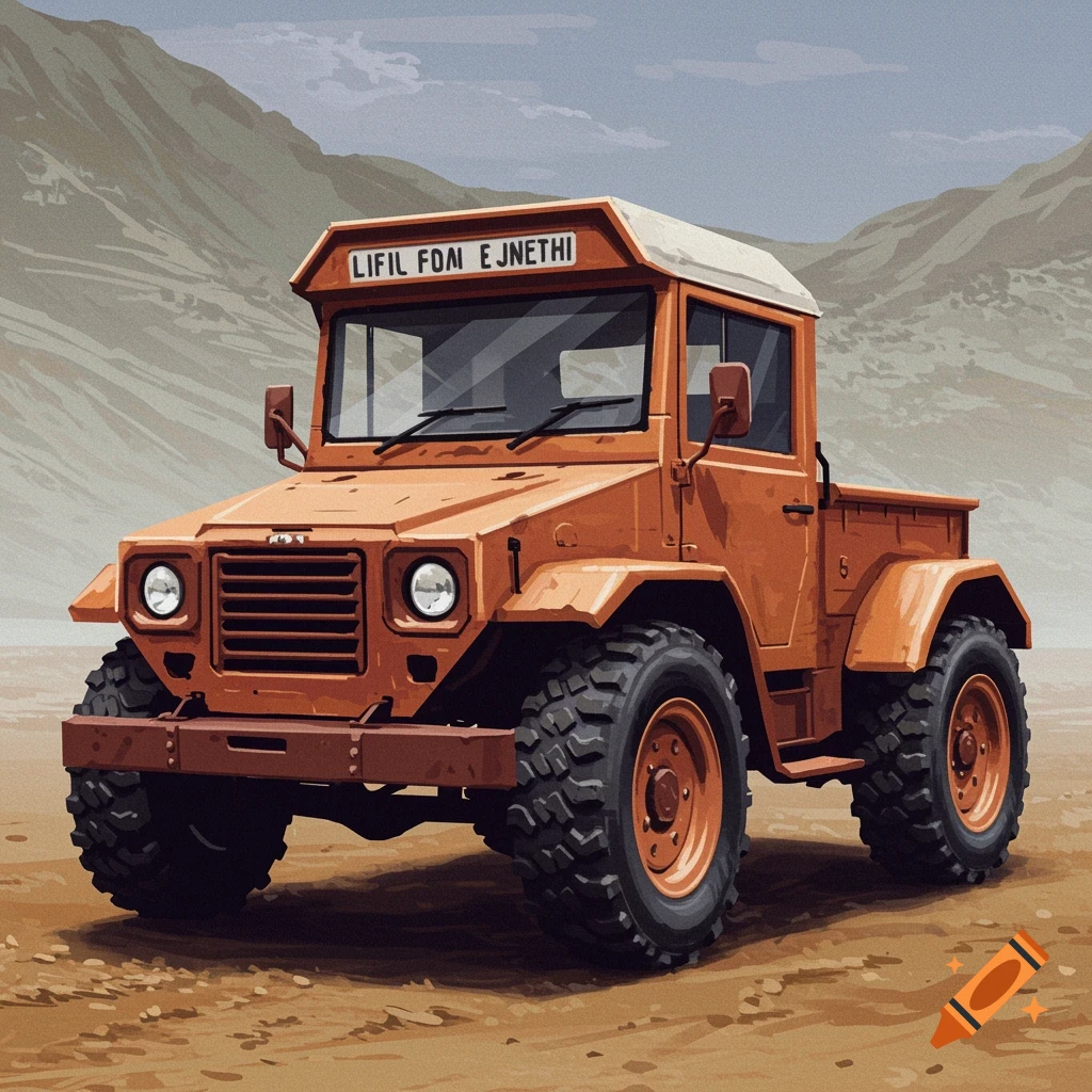 Illustration of an orange off-road truck in a desert landscape.