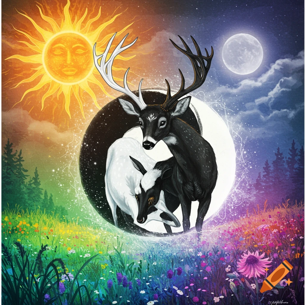 A black and white deer form a Yin Yang symbol, framed by a bright sun and full moon over a colorful field of flowers.
