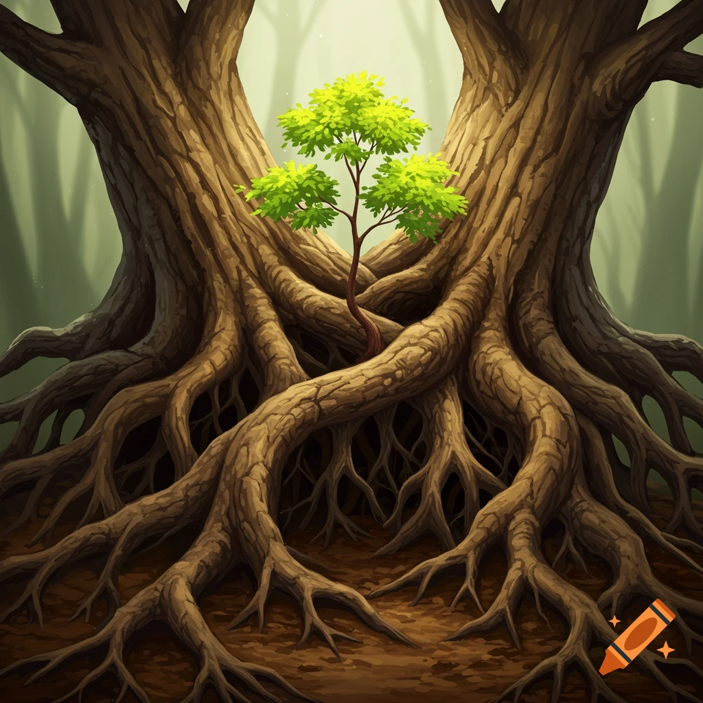 Illustration of two large trees with massive intertwined roots, from which a small tree grows in a misty forest.