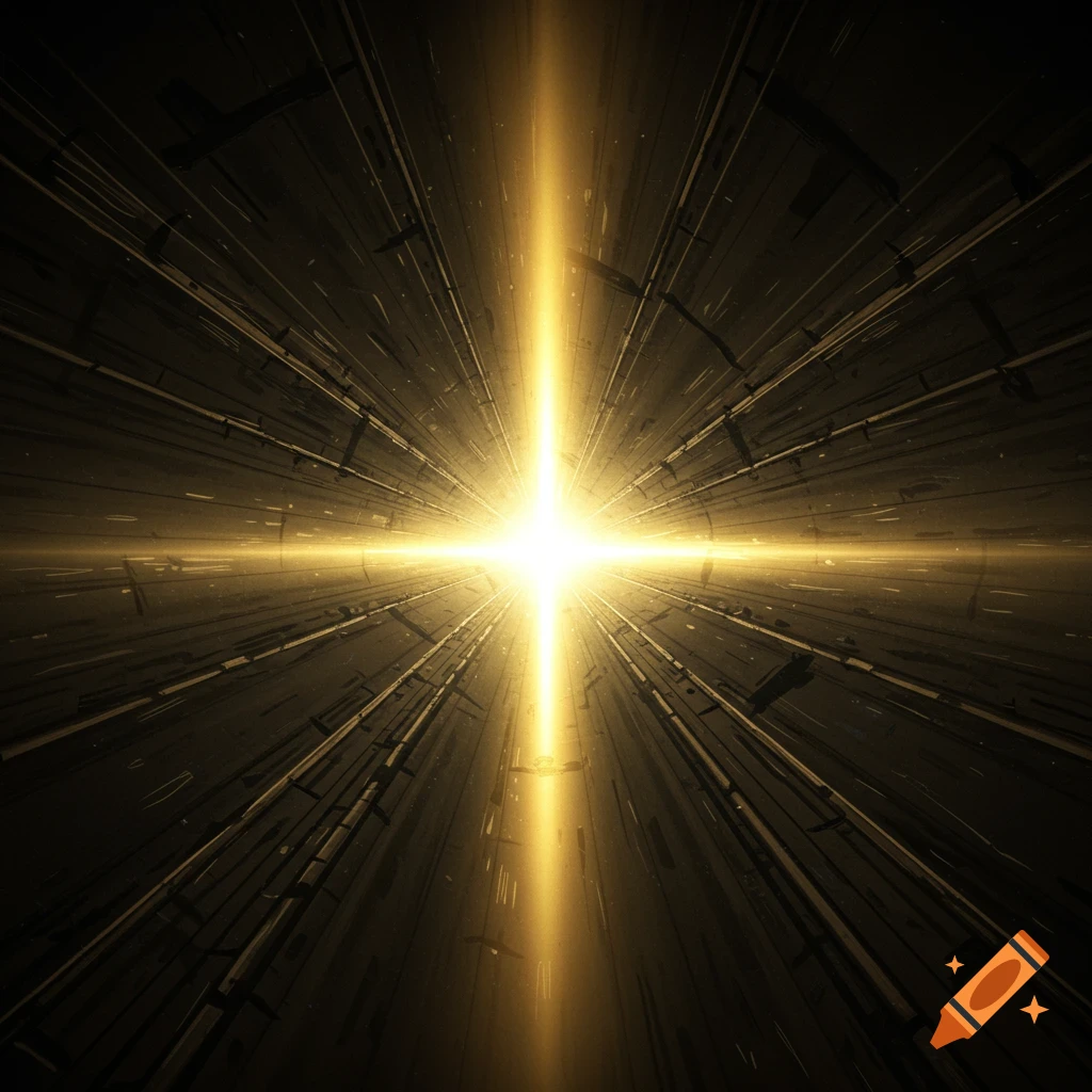 A bright golden cross-shaped light shines from the end of a dark, abstract tunnel.