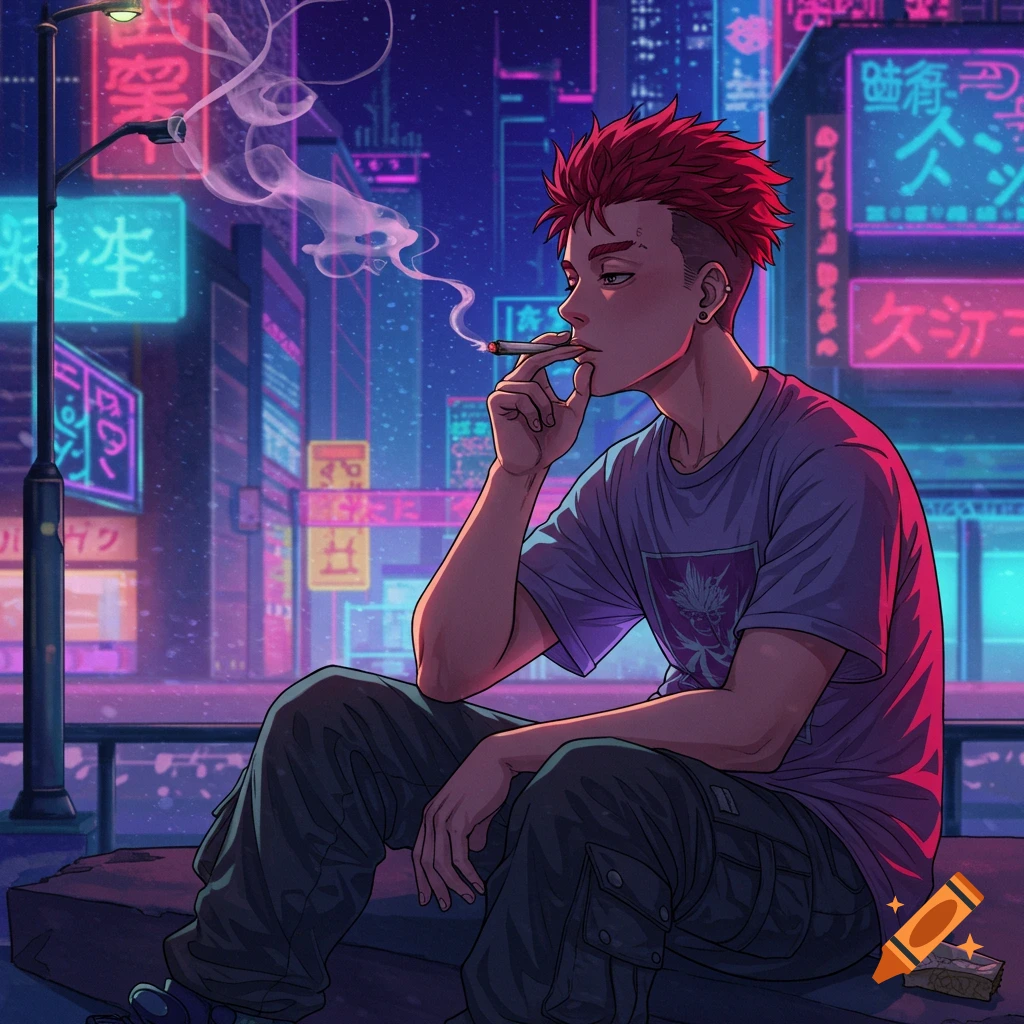 Anime man with red hair smoking a cigarette in a neon cityscape.