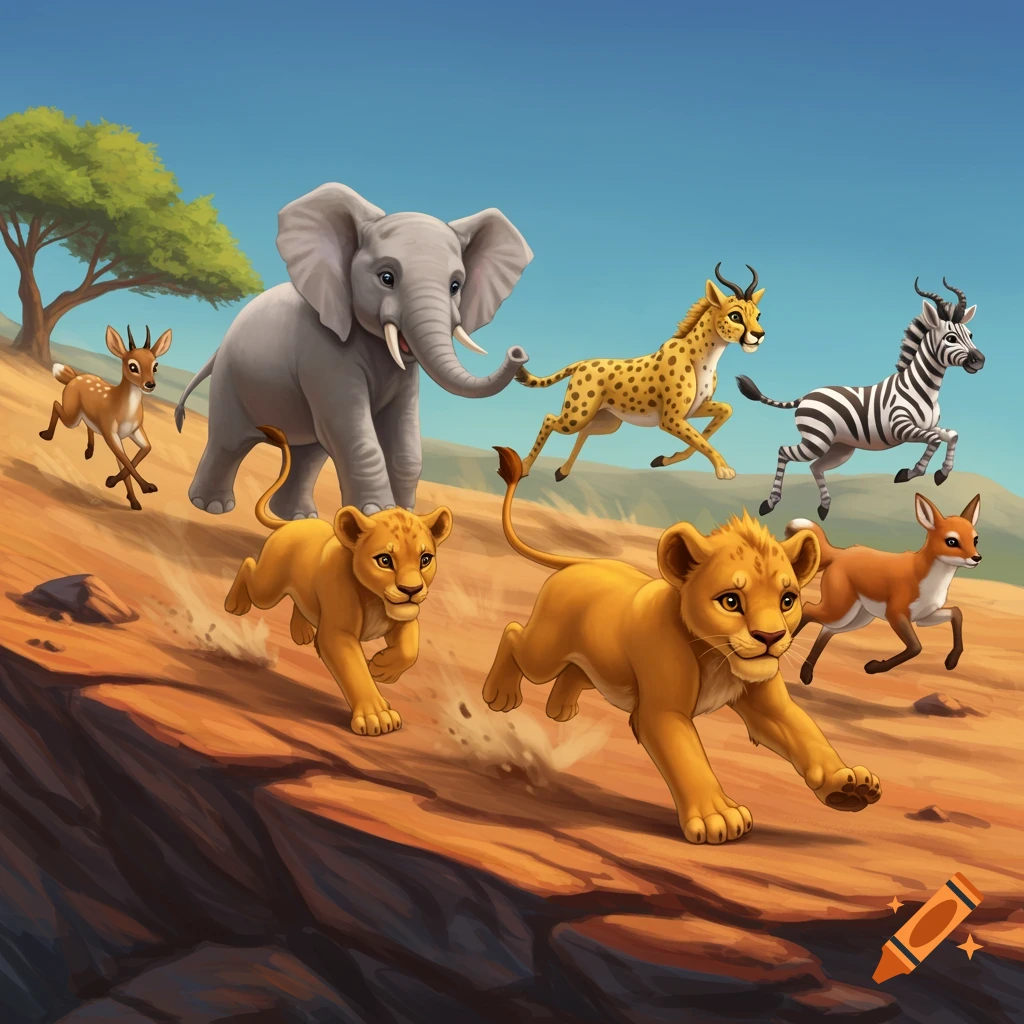 Young safari animals race down a rocky slope in a vibrant illustration.