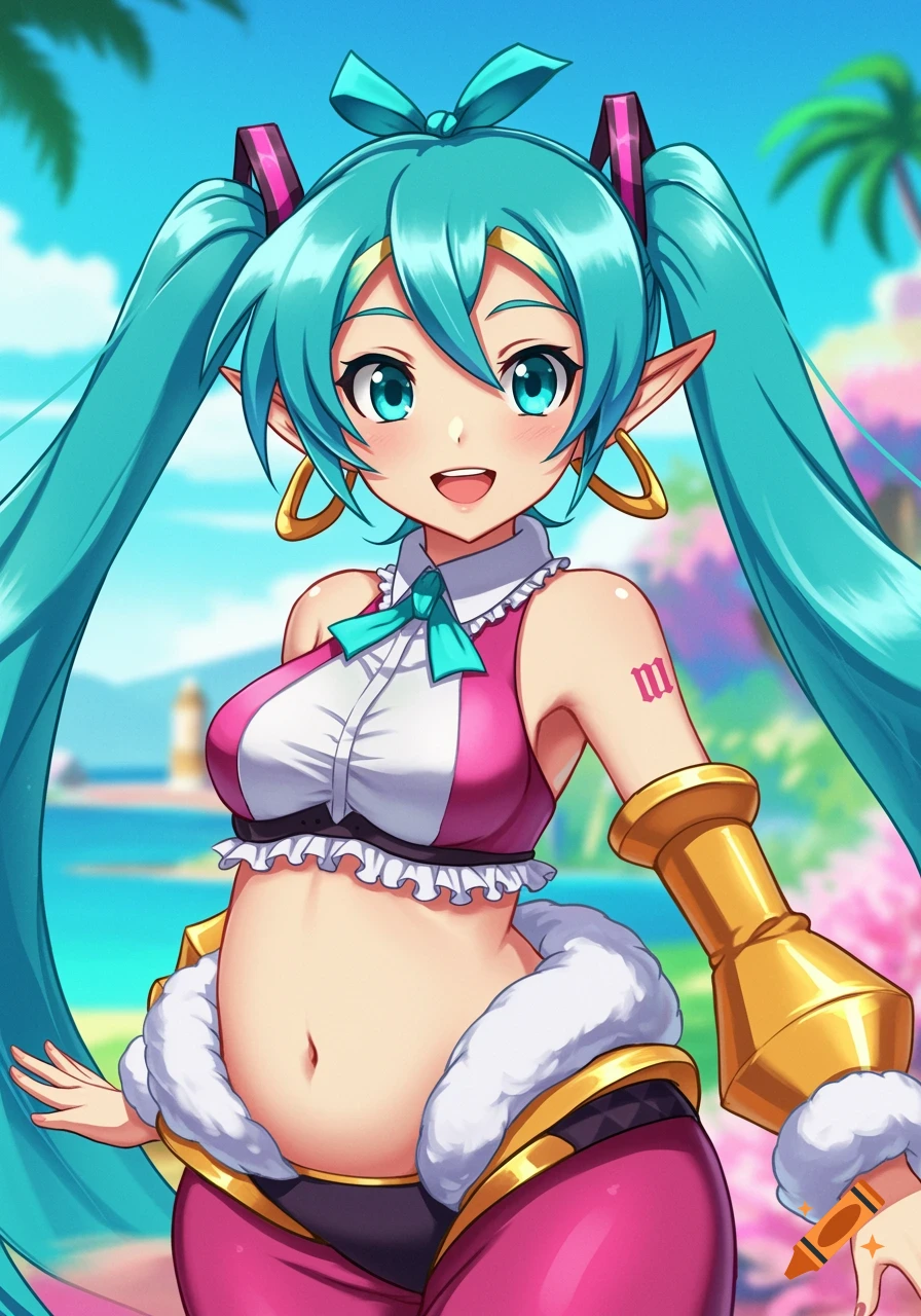 Anime illustration of Hatsune Miku wearing Shantae's outfit on a sunny tropical beach.