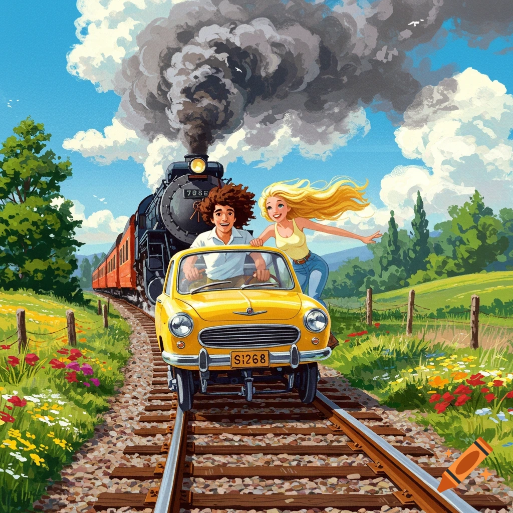 Stylized illustration of a couple in a yellow car on train tracks with a steam train approaching behind them in a landscape.