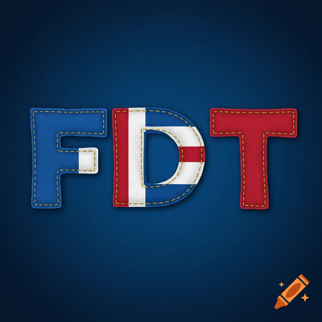 Stitched fabric letters FDT on a dark blue background, with the D letter displaying the flag of Iceland.