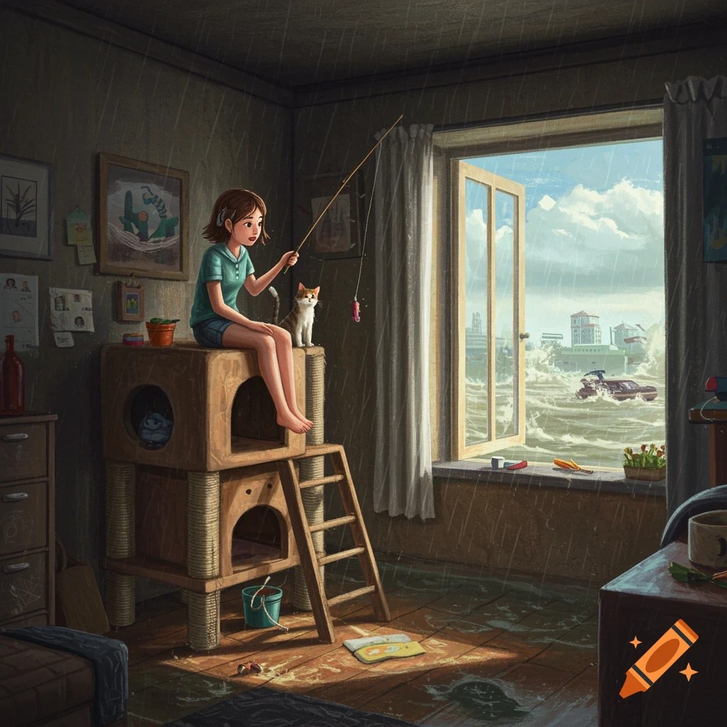 An illustration of a girl sitting on a cat tower indoors with her cat, using a toy as a fishing rod in a flooded room, looking out a window at a storm and flood outside.