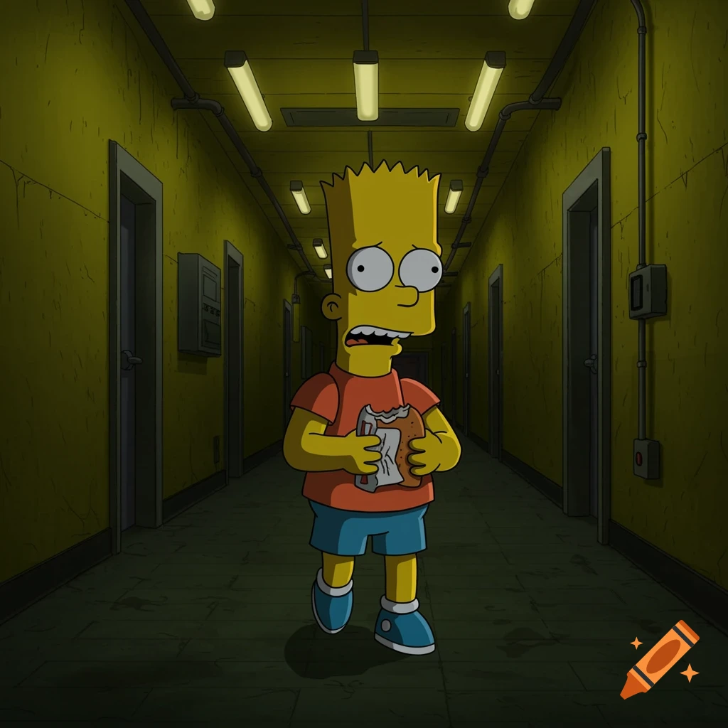 Bart Simpson looks scared while walking through a dark, empty hallway, Simpsons cartoon style