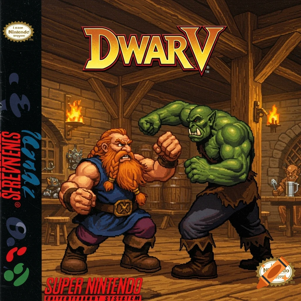A retro style SNES game box cover showing a dwarf fighting an orc in a tavern.
