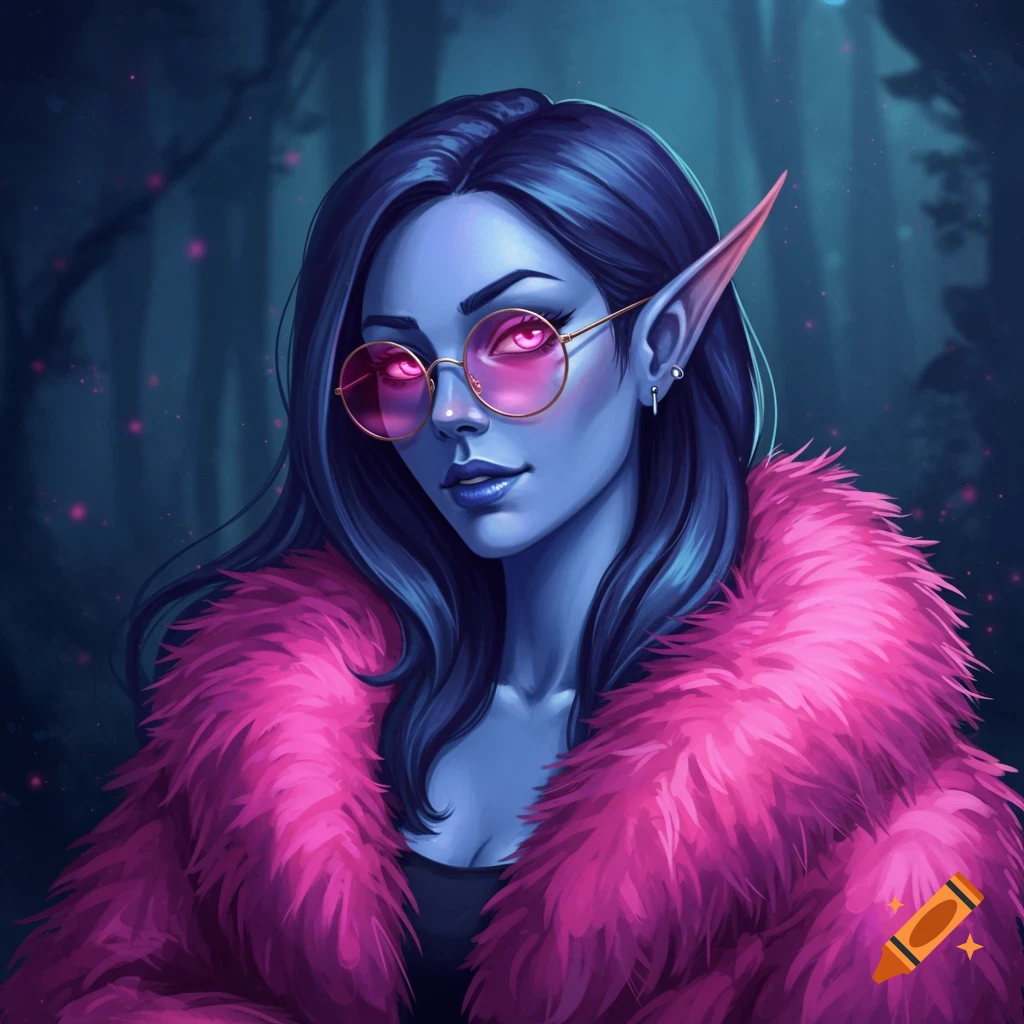 A blue-skinned female elf with dark hair, pink sunglasses, and a pink fur coat.