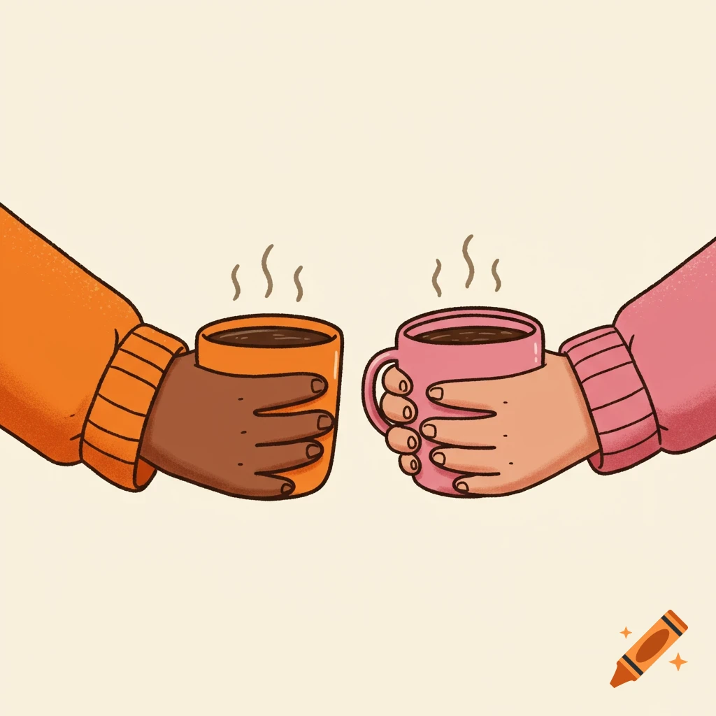 Cartoon illustration of two hands holding steaming coffee mugs.