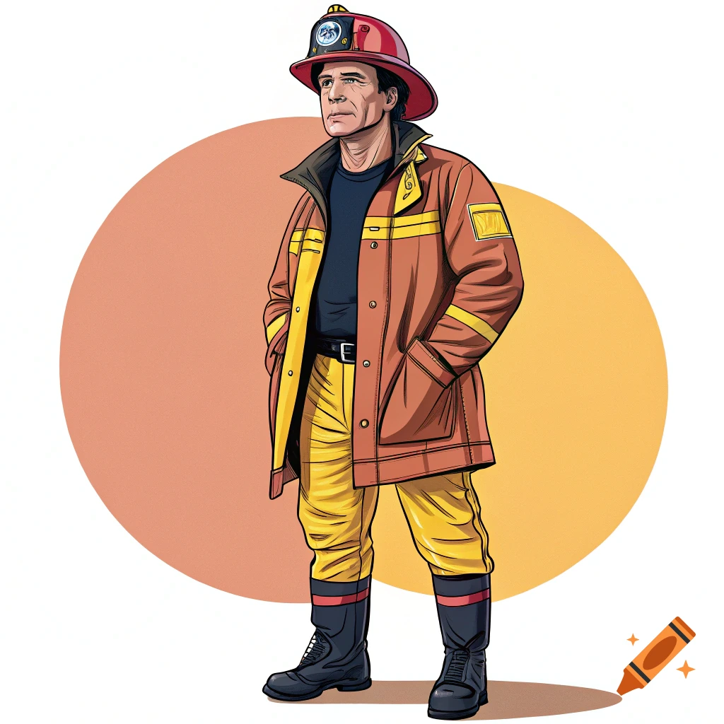 Illustration of a man in a fireman's uniform resembling Arnold Schwarzenegger
