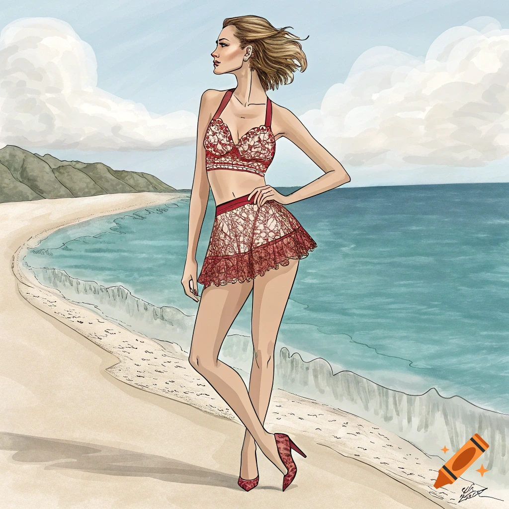 Illustration of a woman in a red lacy two-piece outfit posing on a beach