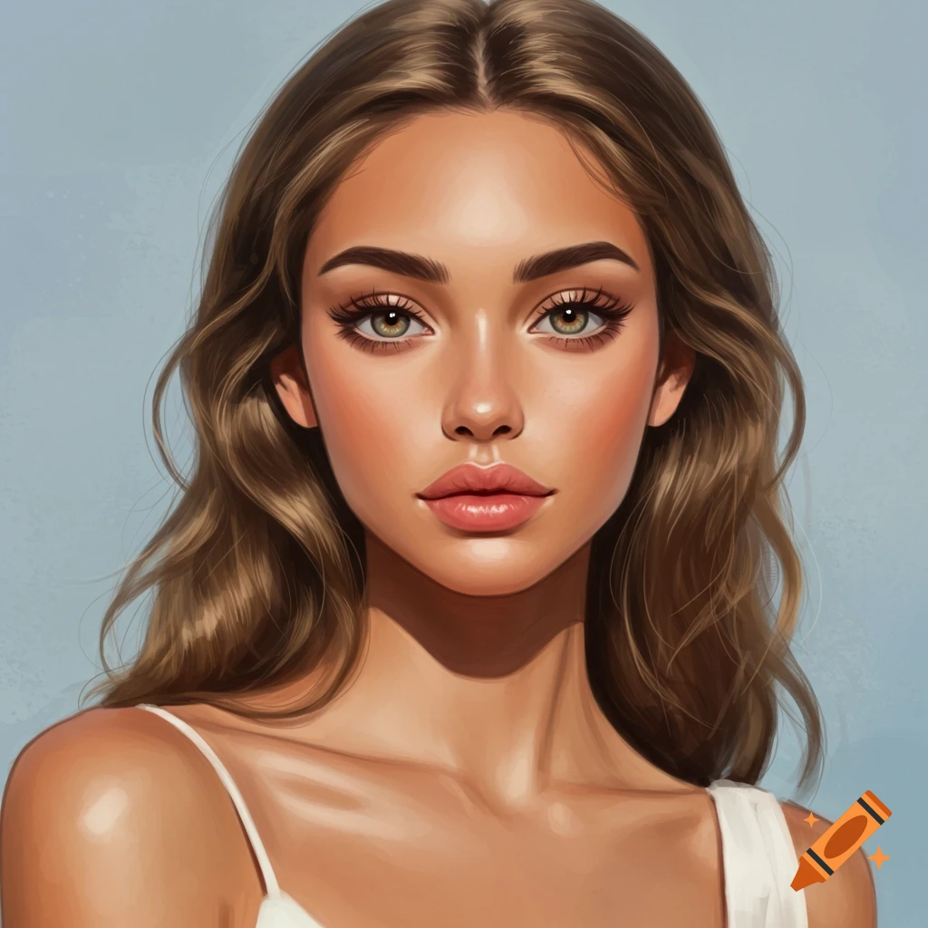 Portrait of a woman with tan skin, brown hair, green eyes, wearing a white strap top.