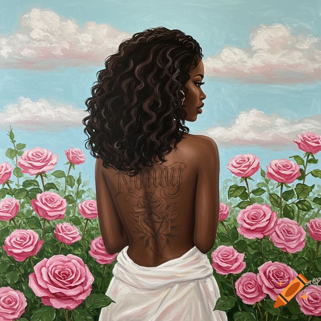 Painting of a woman with a back tattoo standing in a rose garden under a cloudy sky.