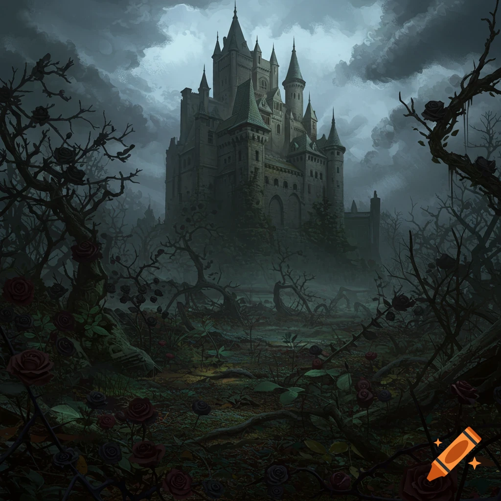 An ominous gothic castle on a hill surrounded by a dark forest with black roses and thorns under a cloudy sky.