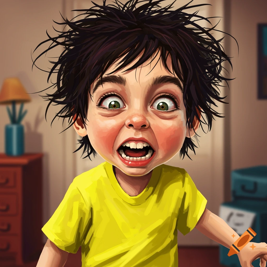 Cartoon illustration of a wide-eyed child with messy hair and an exaggerated expression of shock or madness.