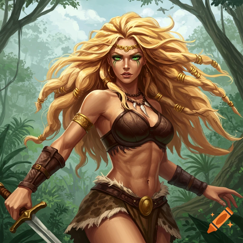 Female fantasy warrior with long blonde hair and a sword in a jungle.