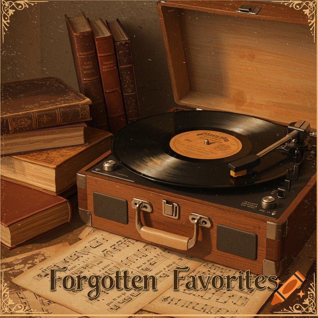 A vintage record player on a table with old books and sheet music, titled 'Forgotten Favorites'.
