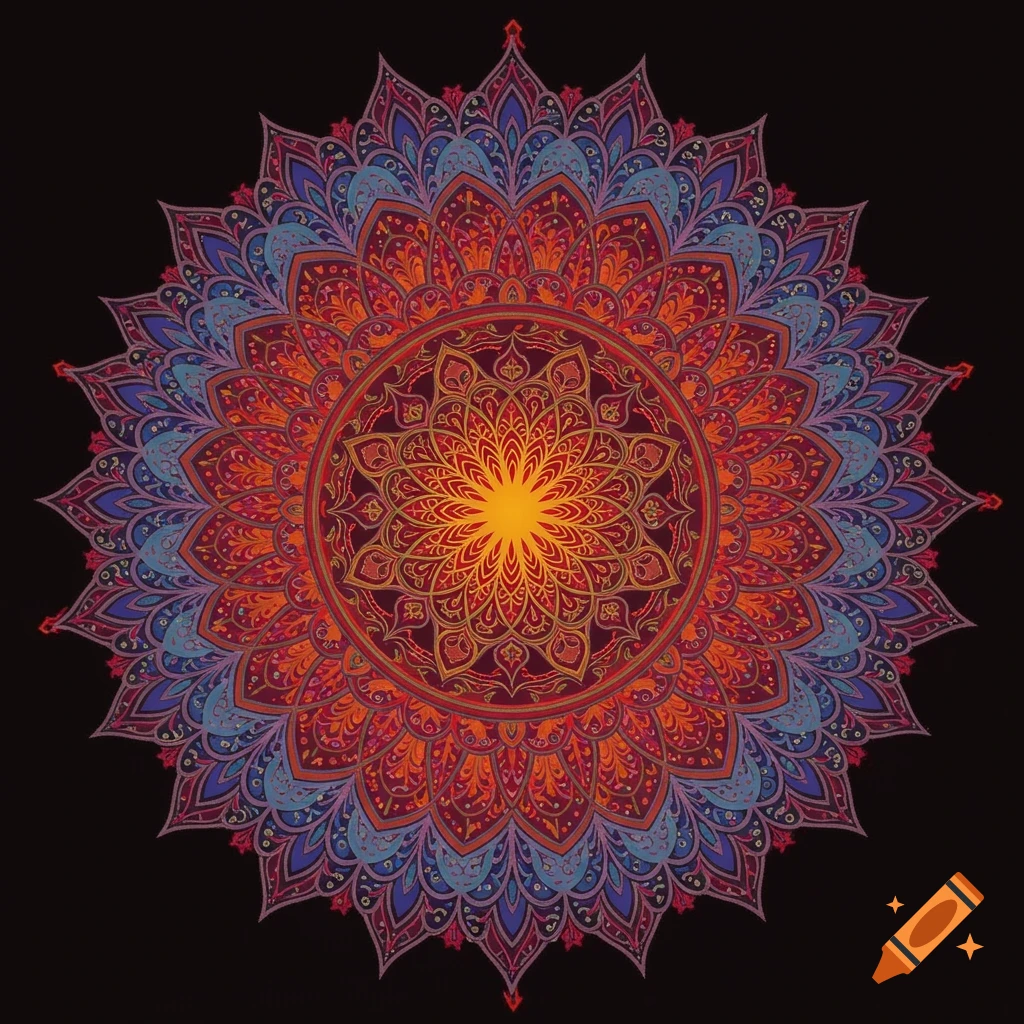 A colorful, intricate mandala pattern with a bright center on a black background.
