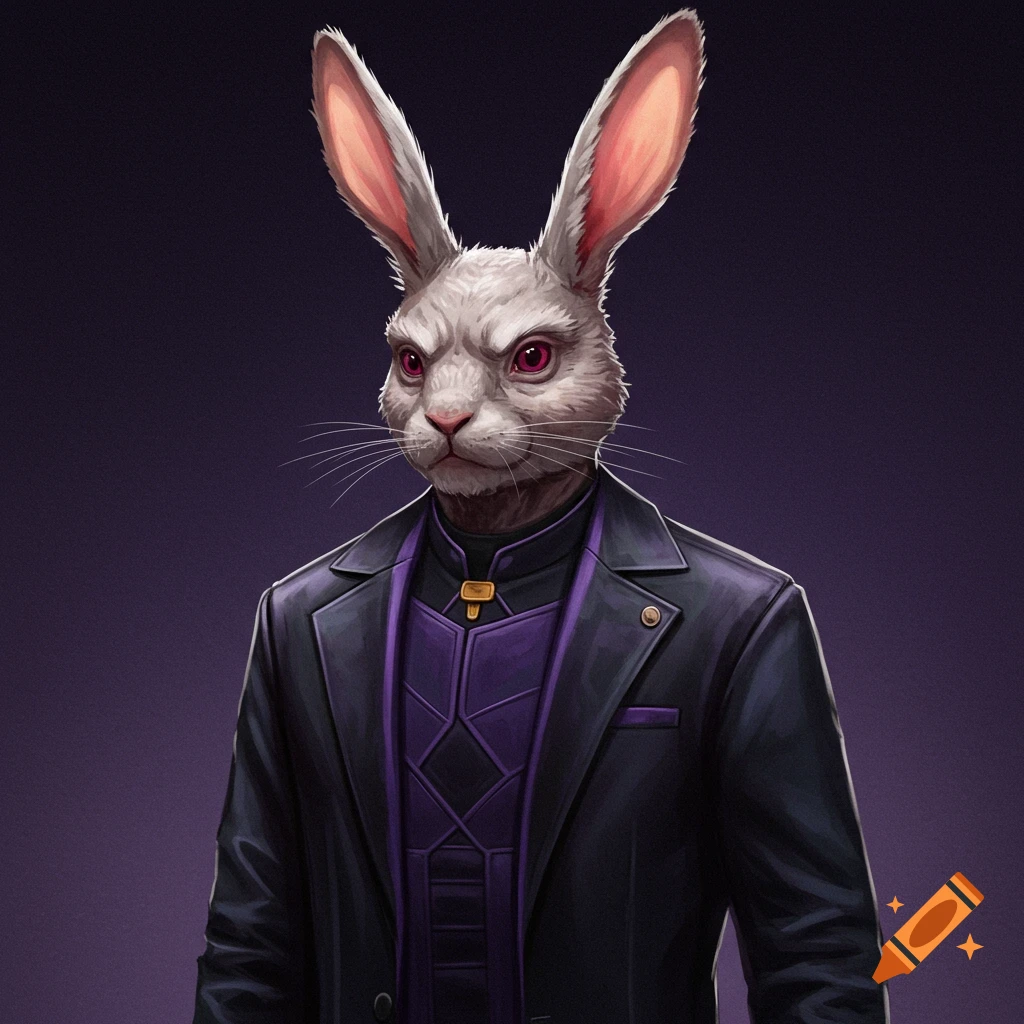 A portrait of a humanoid rabbit wearing a black and purple suit with a jacket.