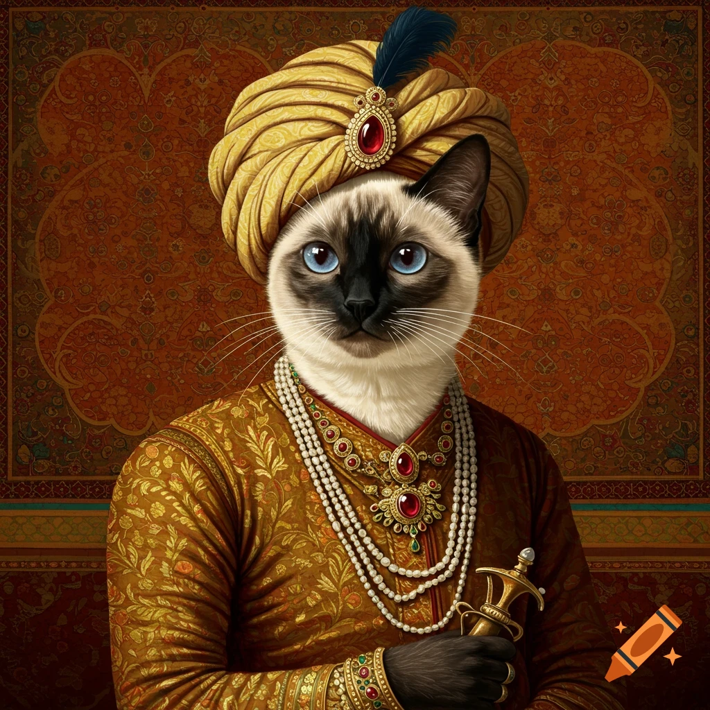 A Siamese cat dressed in ornate Mughal emperor attire, wearing a turban and jewels, holding a small dagger.