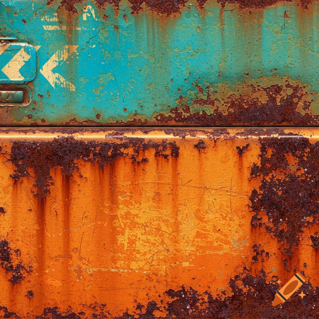 Close-up of heavily rusted metal texture, split between teal and orange sections, with a yellow symbol.