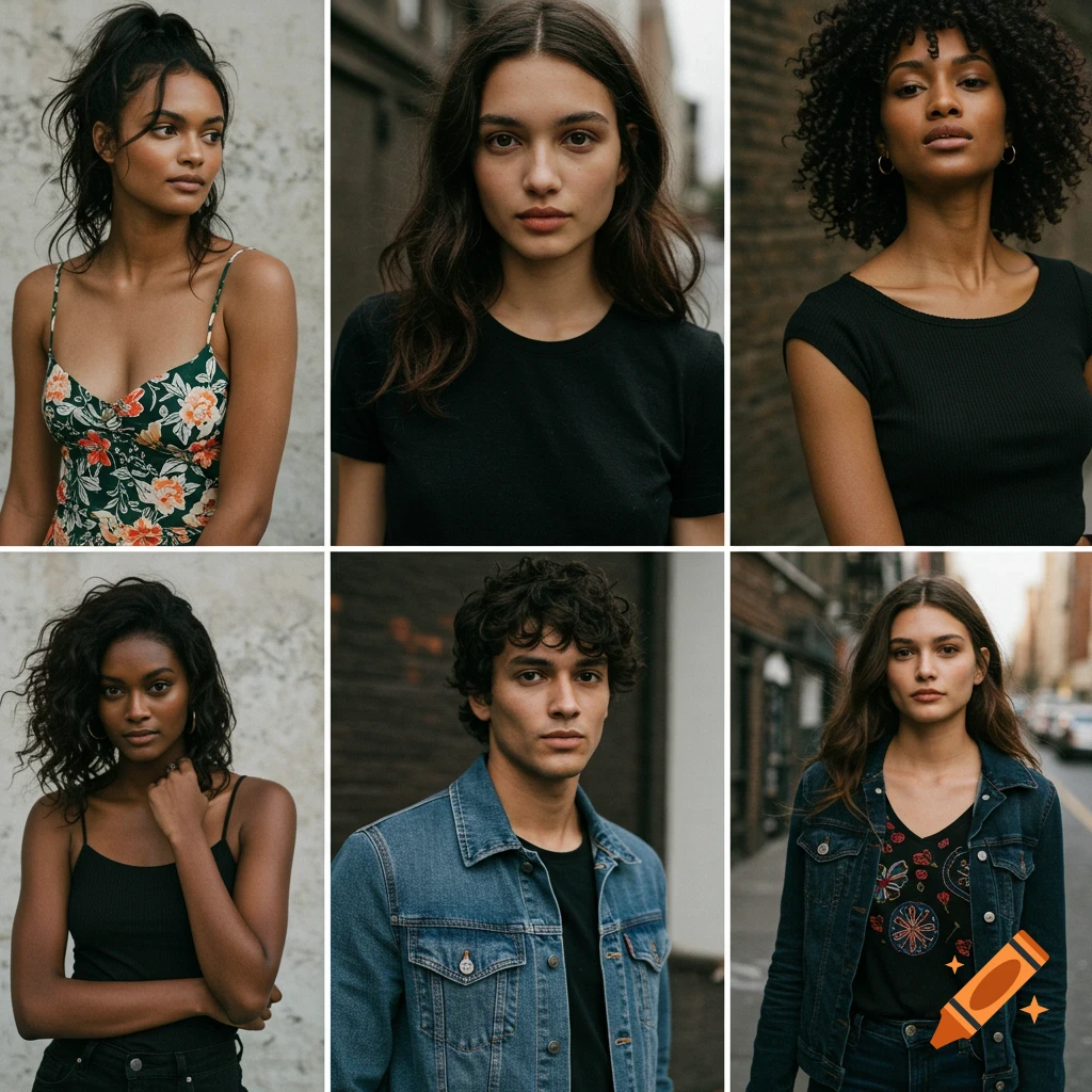 Grid of six diverse model portraits in outdoor settings, featuring both men and women.