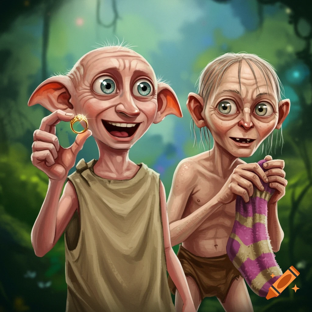 Cartoon illustration of Dobby holding a ring and Gollum holding a sock in a forest.