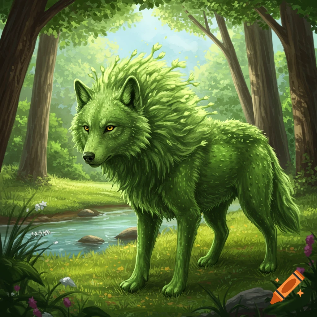 A green, leafy wolf-like creature stands by a stream in a sunlit forest.