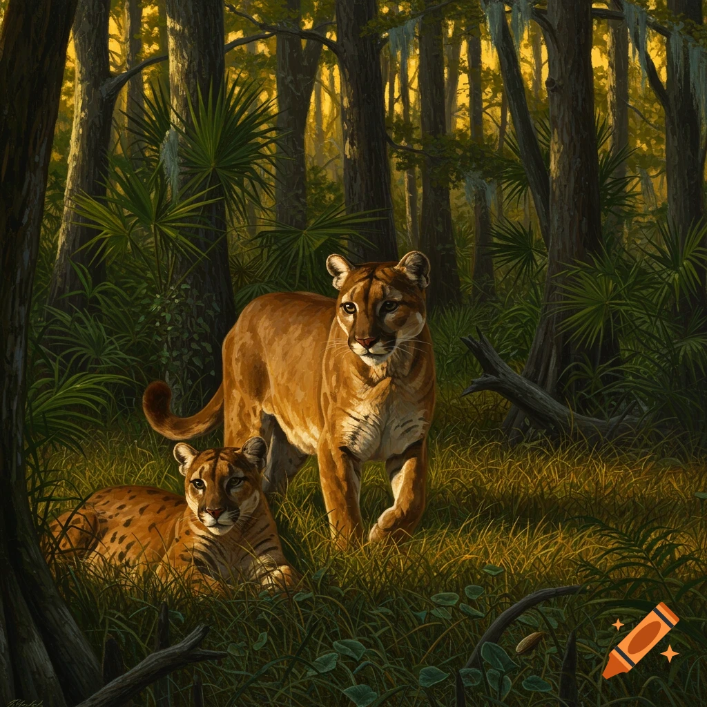 Two panthers in a sunlit forest clearing, detailed painting style