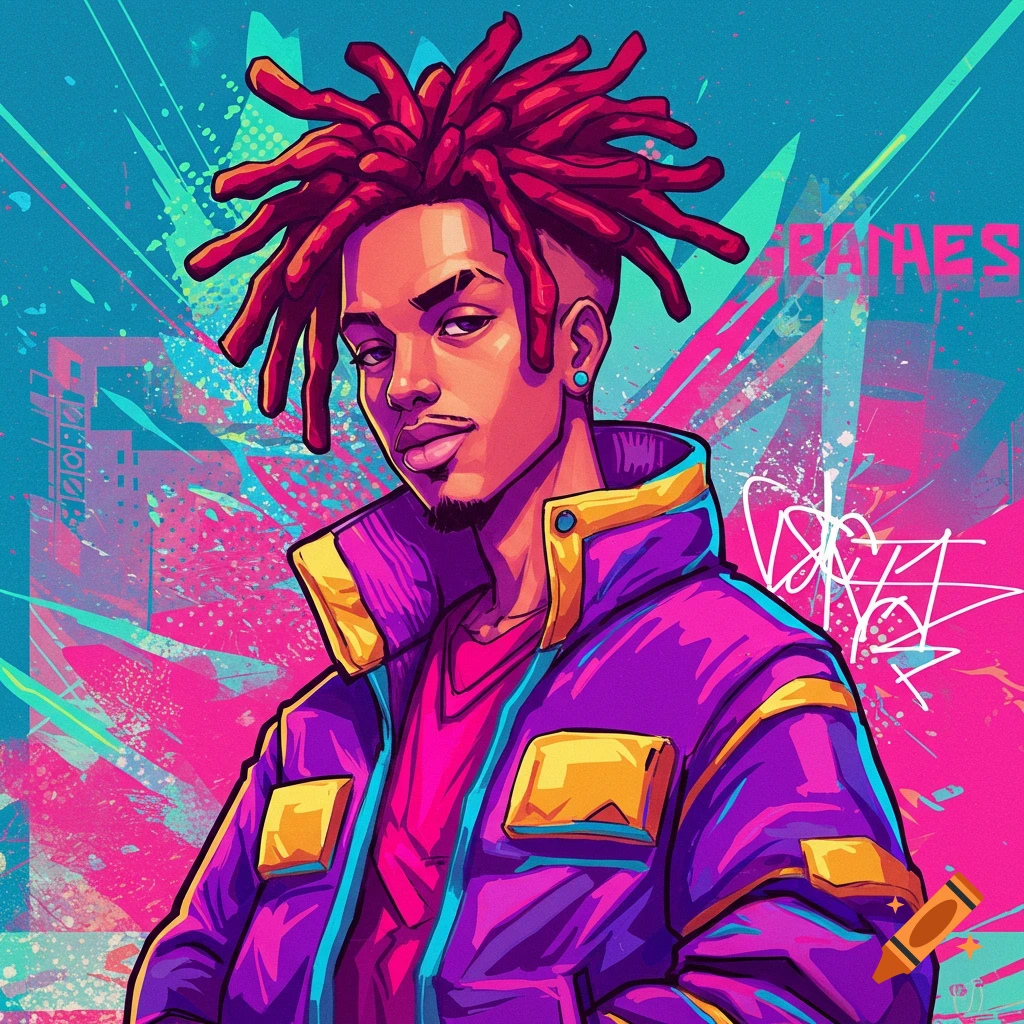 Stylized portrait of a person with red dreadlocks and a purple jacket against a colorful graffiti background.