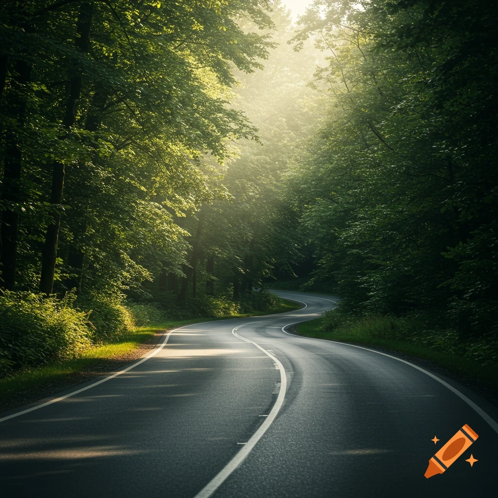 A winding road passes through a forest with sunlight filtering through the trees. Photorealistic style.