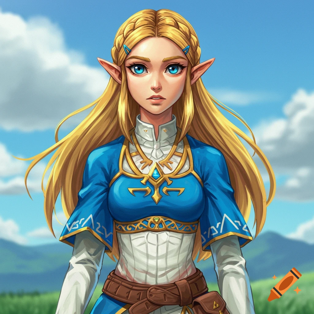 Illustration of Zelda from Breath of the Wild standing outdoors with blue sky and mountains.