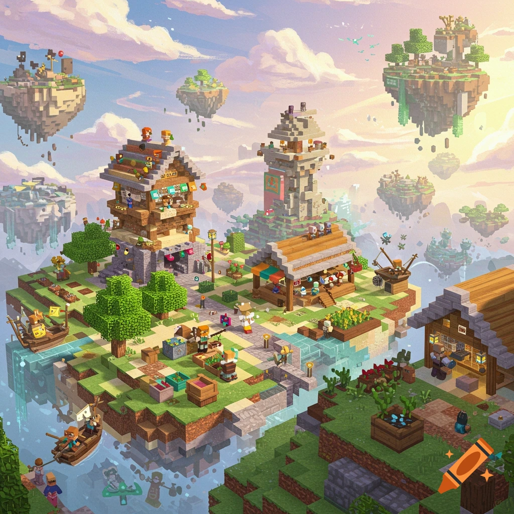 Blocky town on floating islands in a bright, cloudy sky, in a video game art style.