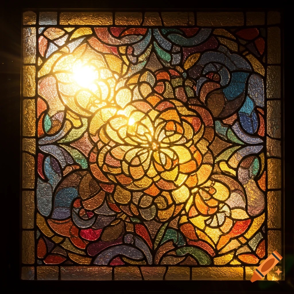 Square stained glass pattern with a central floral design, illuminated by bright light.
