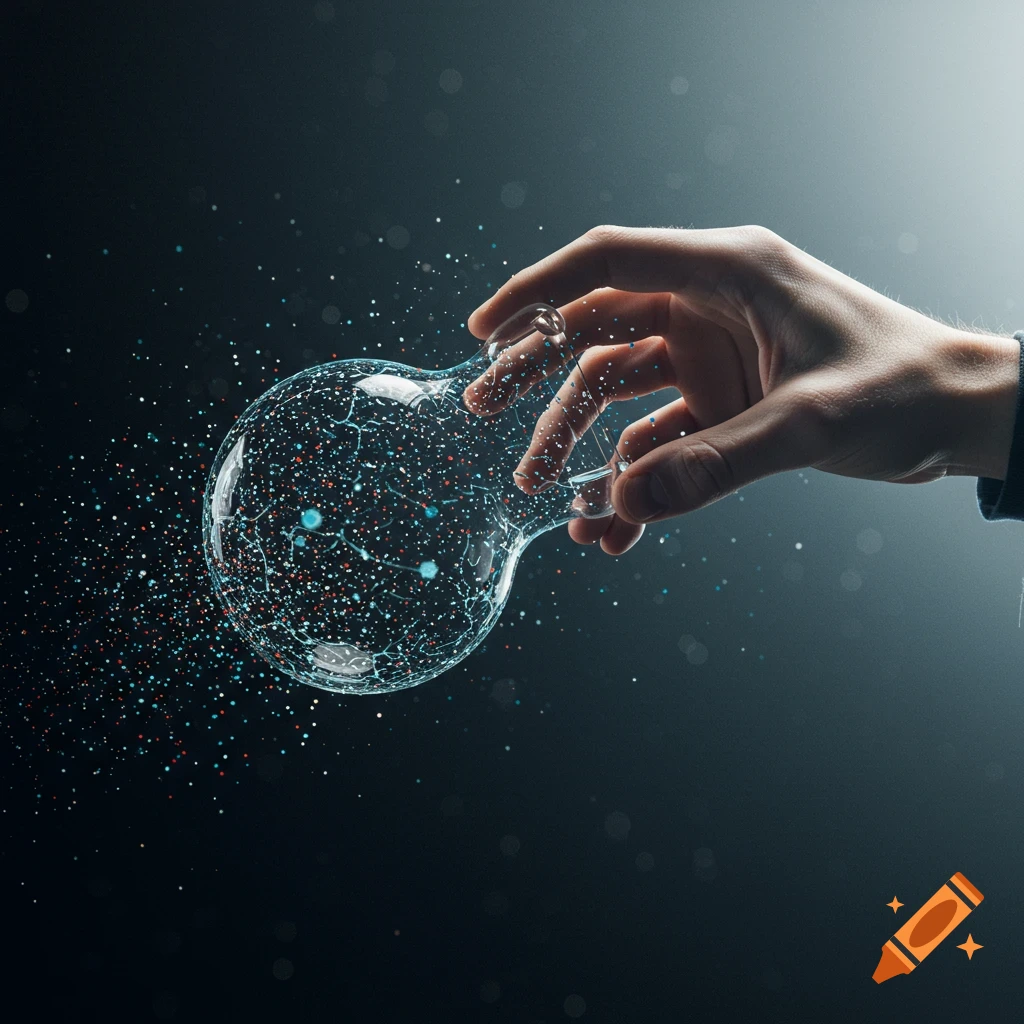 A hand holds a glowing lightbulb filled with swirling particles on a dark background.