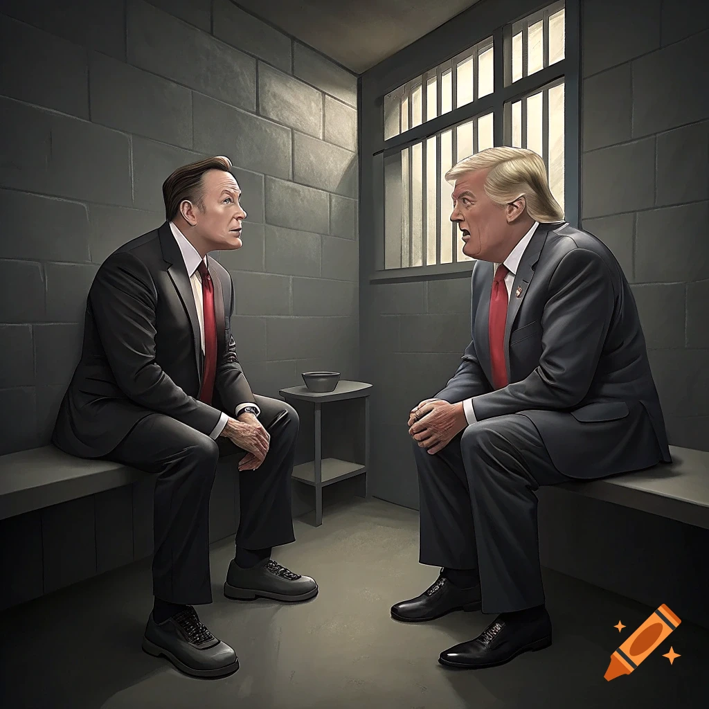 Donald Trump and Elon Musk sit on benches in a jail cell looking at each other.