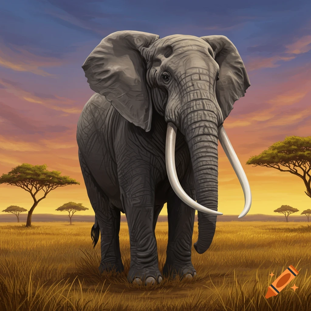 An elephant stands in a grassy savanna at sunset.