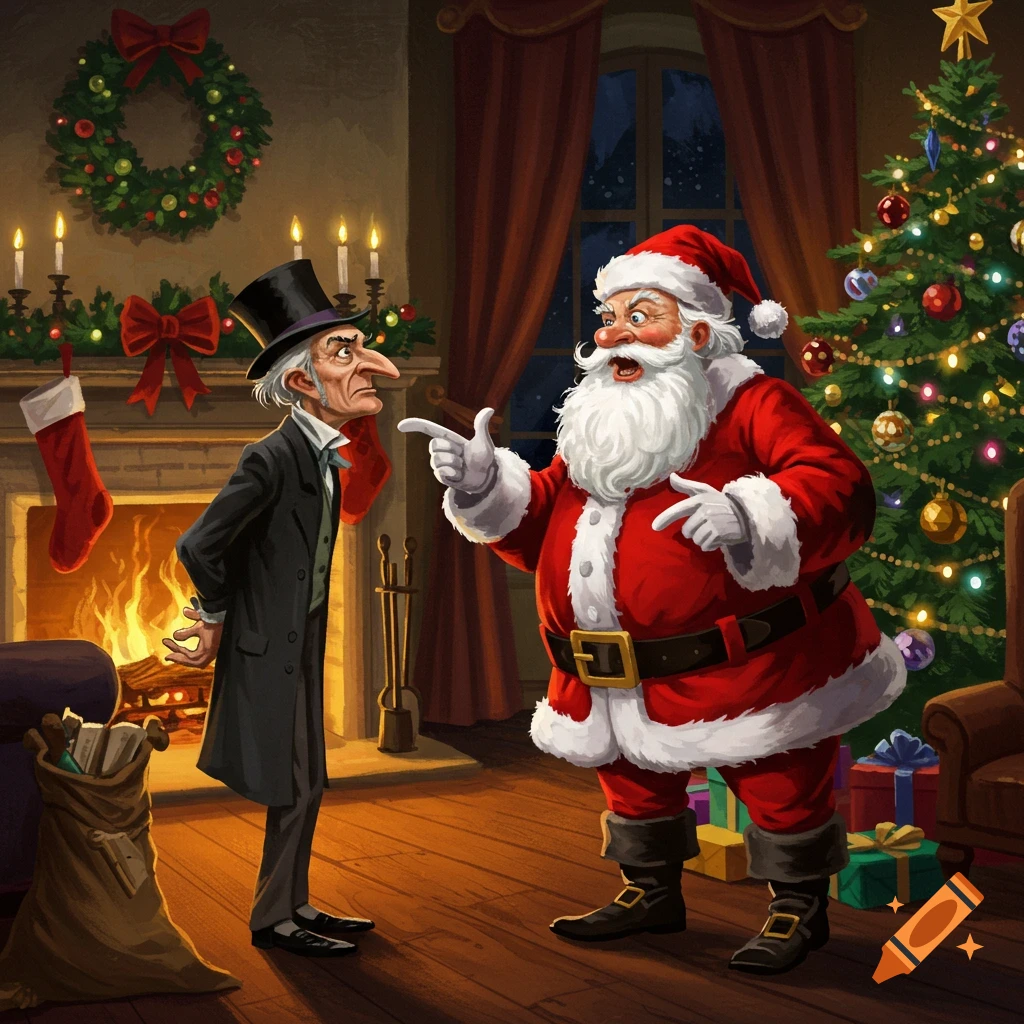 Illustration: Ebenezer Scrooge scolded by Santa Claus in a Christmas room with fireplace and tree.