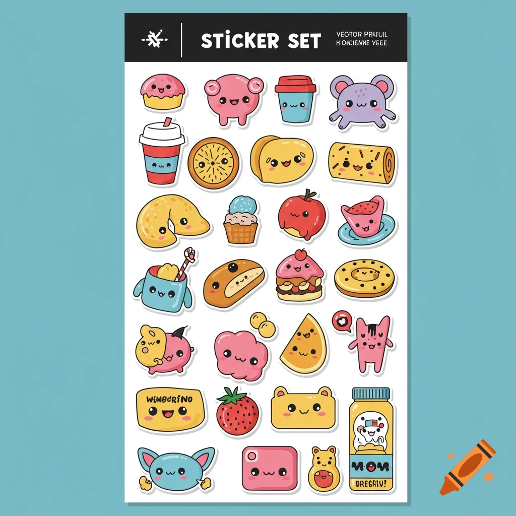 A sticker sheet featuring various cute cartoon illustrations of animals, food, and shapes on a blue background.
