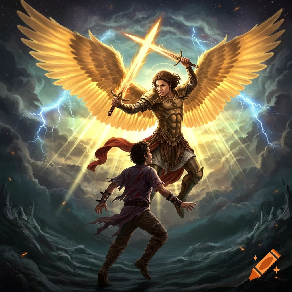An armored angel with golden wings and sword fights a human under stormy skies.