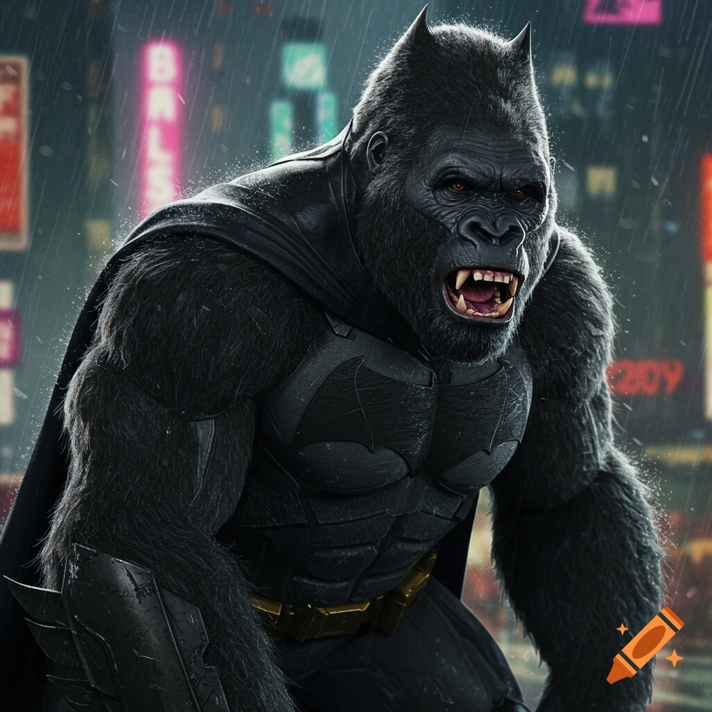A muscular gorilla wearing a dark Batman costume roars in a rainy city at night.