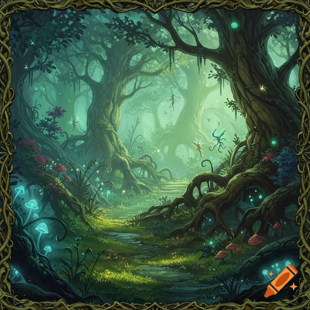 Fantasy forest with large trees, glowing mushrooms, and small fairies, framed by tangled vines.