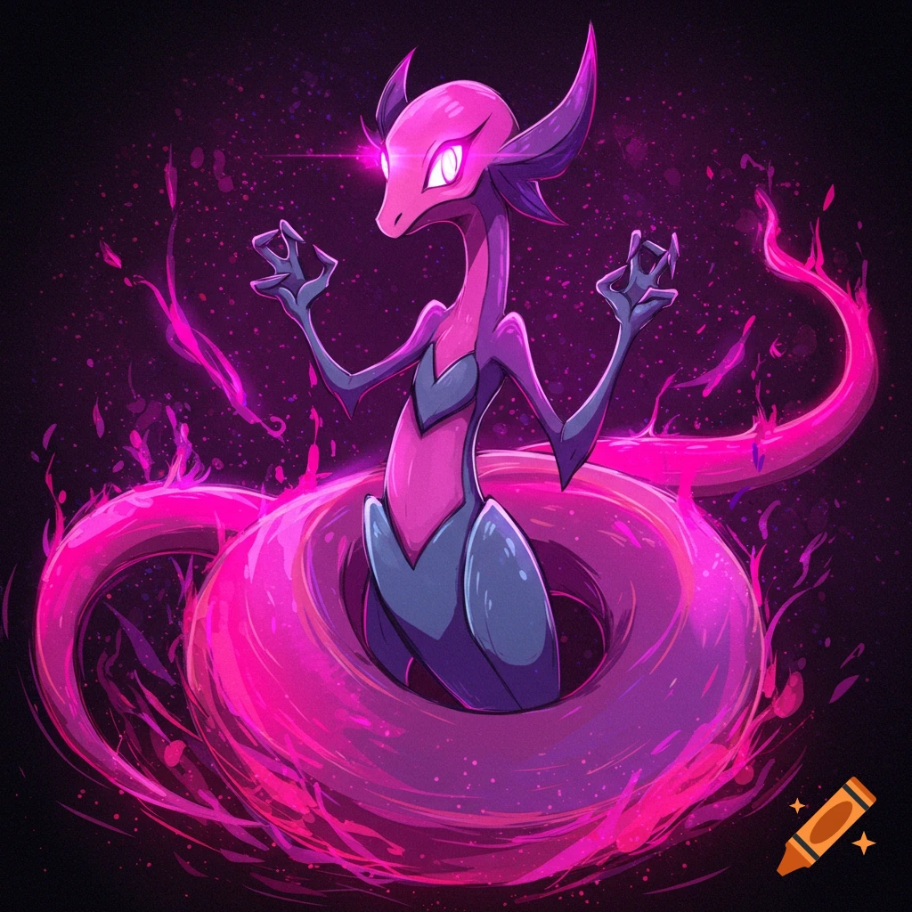 Stylized digital art of a mega evolution of Salazzle, a pink and purple serpentine creature, surrounded by glowing pink energy.