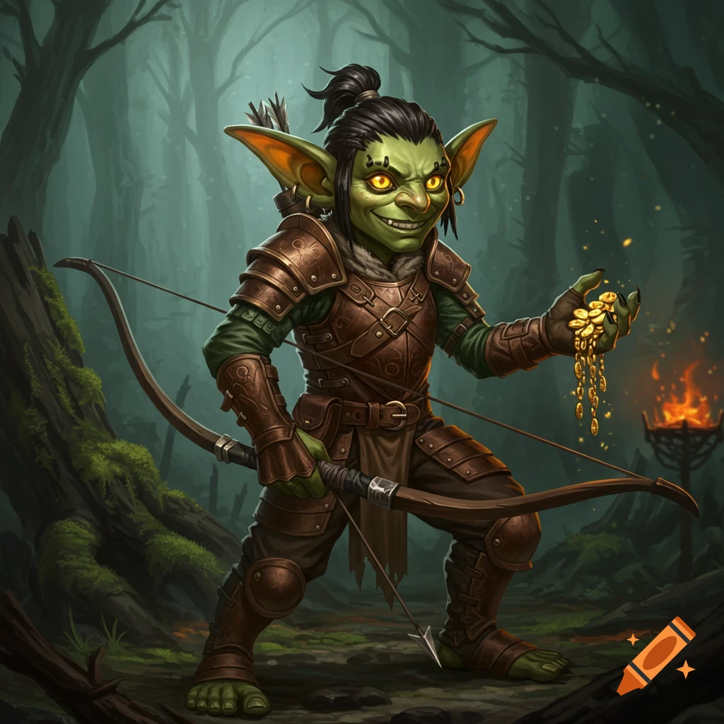 A green goblin holds gold coins and a longbow in a forest clearing.